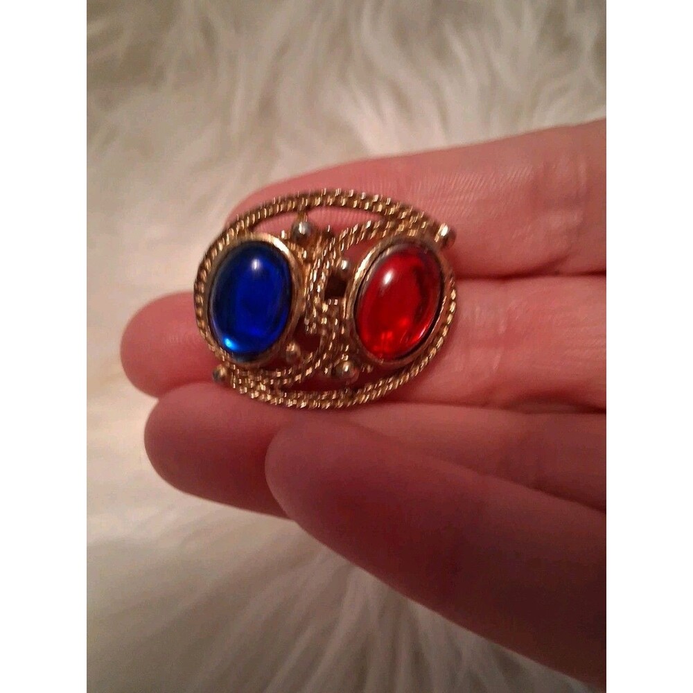 Vintage Red And Blue Cabochon Gold Tone Metal Geometric Lapel Pin Brooch